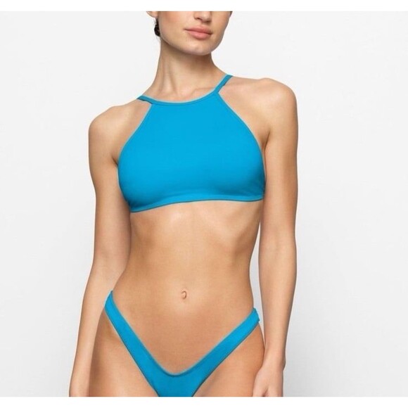 Skims Signature Swim High Neck Top Turquoise Size Medium - Picture 1 of 10
